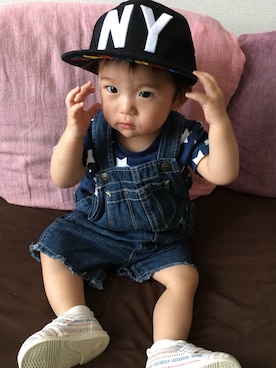 「ネイビーコーデ」｜「アイテム（サロペット/オーバーオール）」を使った、komaさん（キッズ・80cm）の春コーディネート