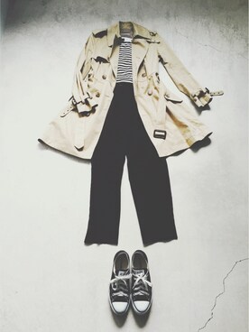 「ボーダーTシャツ」｜「アイテム（トレンチコート）」を使った、GRISSONLINEさん（レディース・155cm）の秋コーディネート