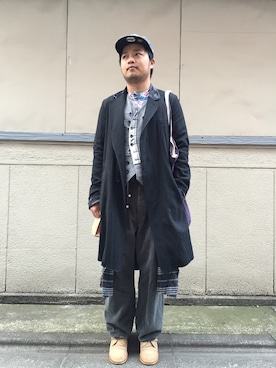 「TAKAHIROMIYASHITATheSoloIst.（タカヒロミヤシタザソロイスト）のアイテム（チェスターコート）」を使った、Jero Tuさん（メンズ・168cm）の冬コーディネート
