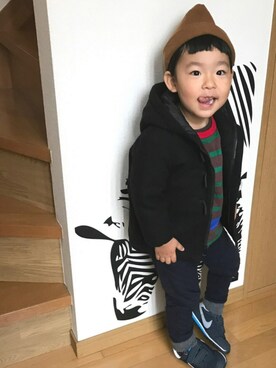 「アイテム（ダッフルコート、ブラック系）」を使った、♡PON♡さん（キッズ・100cm）の秋コーディネート