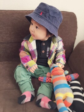 「Handmade（ハンドメイド）のアイテム（おもちゃ）」を使った、KANATAさん（キッズ・70cm）の秋コーディネート