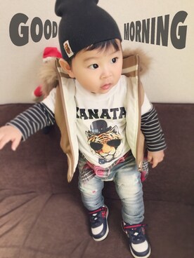 「TOMMY HILFIGER（トミーヒルフィガー）のアイテム（ダウンジャケット/コート）」を使った、KANATAさん（キッズ・70cm）の冬コーディネート