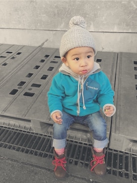 「アイテム（マウンテンパーカー、ブルー系）」を使った、KANATAさん（キッズ・80cm）の秋コーディネート