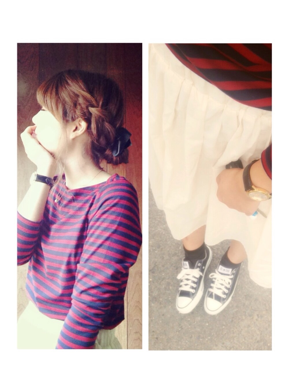 「ボーダー、ウエストイン」｜「CONVERSEのCONVERSE  CVS ALL STAR OX（スニーカー、ブラック系）」を使った、e、さん（レディース・162cm）の夏コーディネートの1枚目の写真