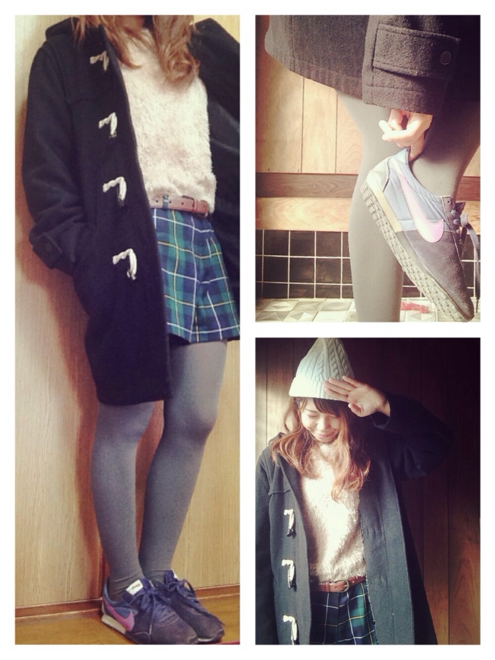 「チェックパンツ、w closet、ダッフルコート、ニット帽、ハイネックニット、cher」｜「w closetのﾊｲﾈｯｸ長袖プルオーバー（ニット/セーター、ベージュ系）」を使った、e、さん（レディース・162cm）の秋コーディネートの1枚目の写真