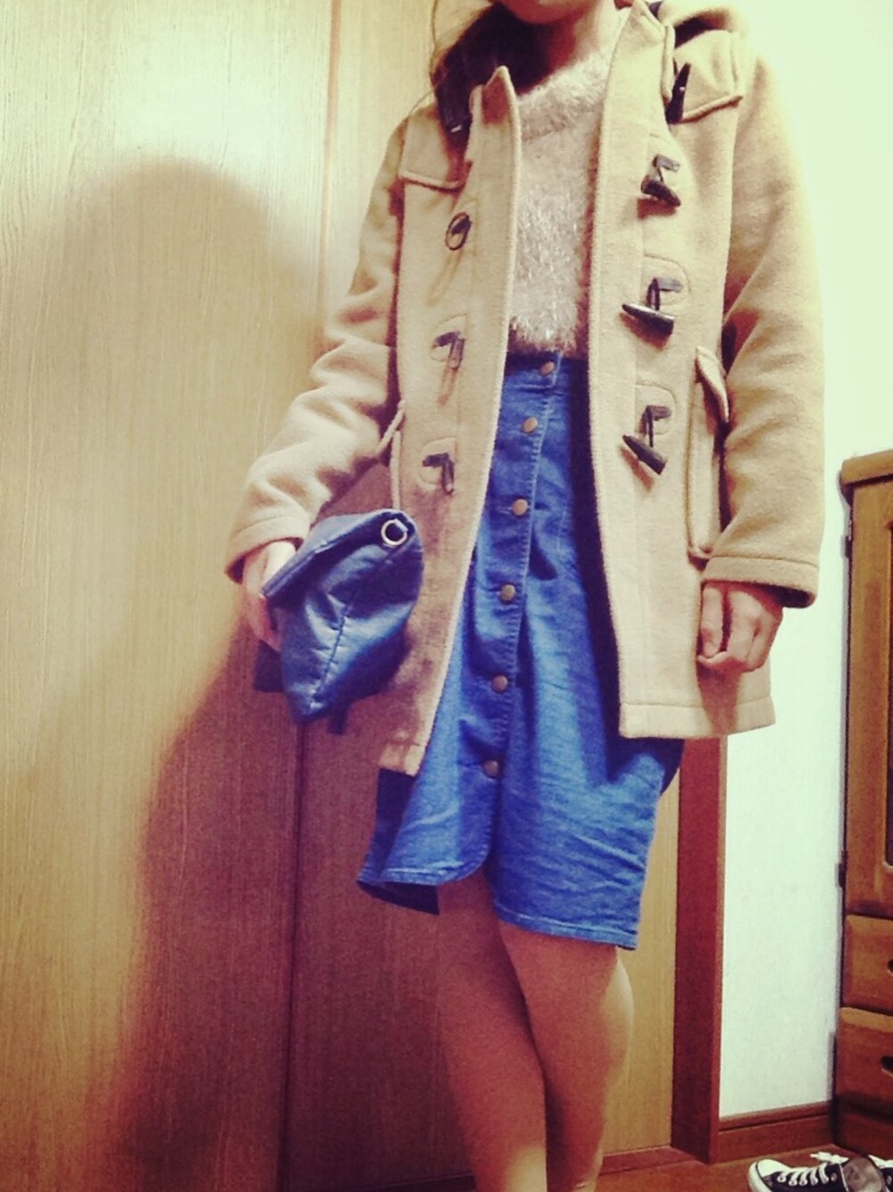 「ダッフルコート、who's who chico、w closet、Ray Cassin、ロング丈ダッフル」｜「w closetのﾊｲﾈｯｸ長袖プルオーバー（ニット/セーター、ベージュ系）」を使った、e、さん（レディース・162cm）の冬コーディネートの1枚目の写真