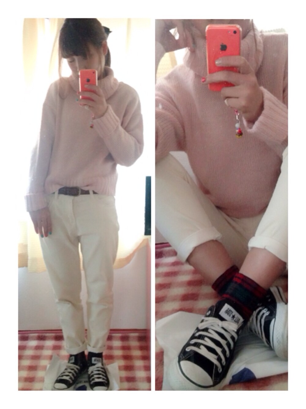 「タートルネック、who's who chico、w closet」｜「ChicoのオフタートルニットP/O（ニット/セーター、ピンク系）」を使った、e、さん（レディース・162cm）の冬コーディネートの1枚目の写真