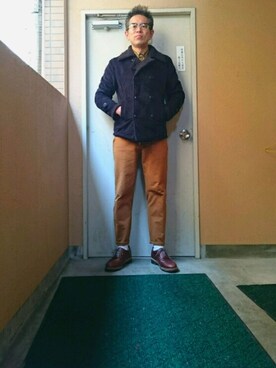 「ボア」｜「アイテム（ピーコート）」を使った、たかぶんごさん（メンズ・171cm）の秋コーディネート