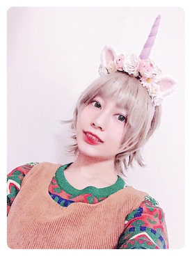 「Unicornのアイテム（カチューシャ、ピンク系）」を使った、_鱼涩涩し_さん（レディース・160cm）の春コーディネート