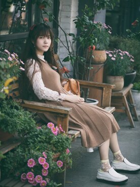 「古着のアイテム（ワンピース、ブラウン系）」を使った、_鱼涩涩し_さん（レディース・160cm）の春コーディネート