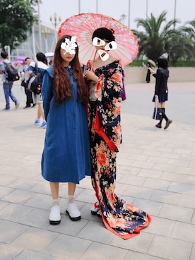 「艳汉のアイテム（ワンピース、レッド系）」を使った、_鱼涩涩し_さん（レディース・160cm）の春コーディネート