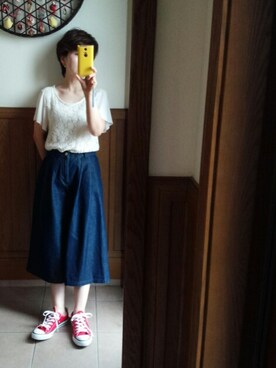 「ガウチョパンツ」｜「アイテム（デニムパンツ）」を使った、きよさん（レディース・149cm）の春コーディネート