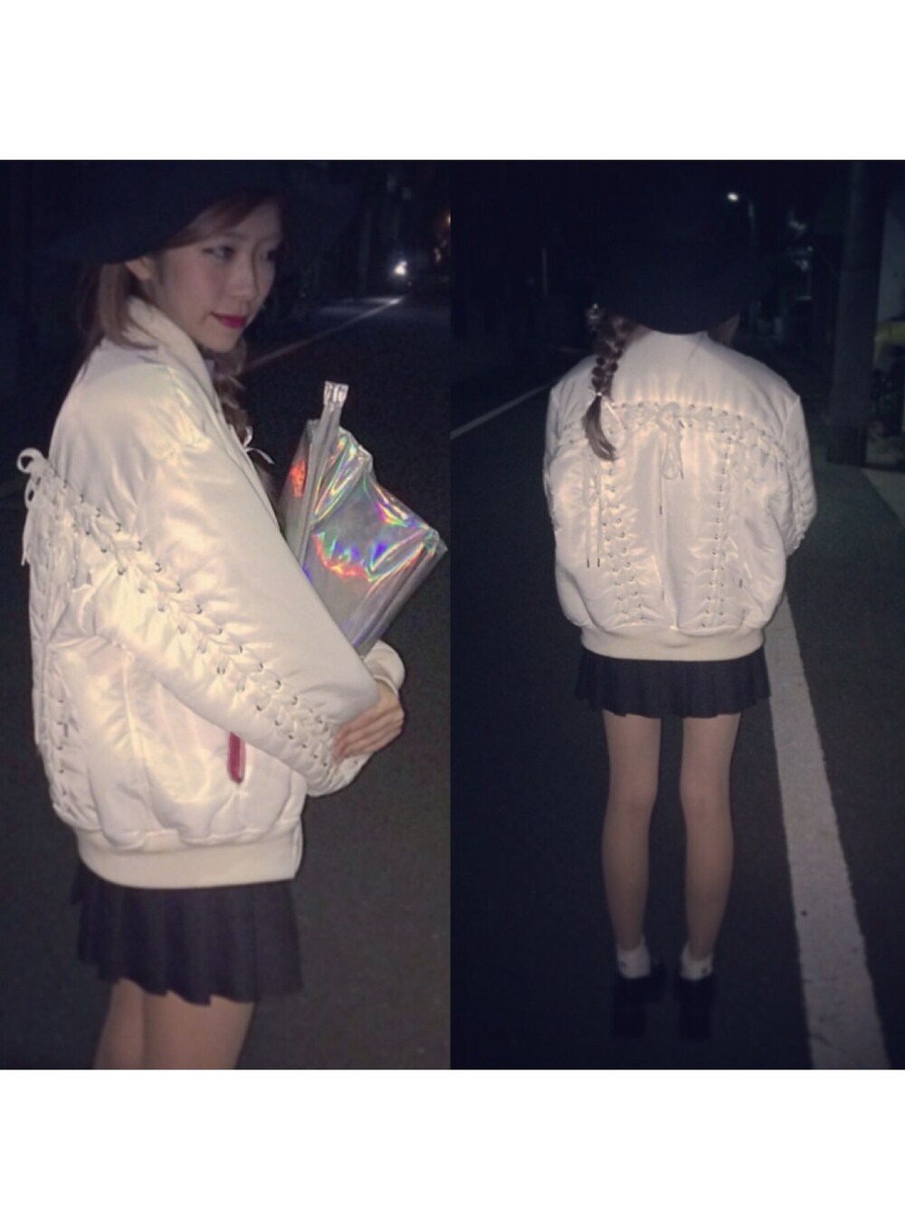 「g.v.g.v.、MA-1、クラッチバッグ、テニススカート、UNIF、American Apparel」｜「G.V.G.V.のアイテム（ブルゾン、ホワイト系）」を使った、あやこ공주♔♡さん（レディース・154cm）の冬コーディネートの1枚目の写真
