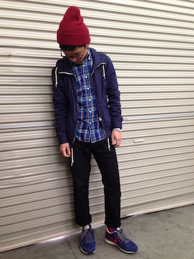 「HERE'S（HERE'S）のアイテム（帽子）」を使った、KEEXさん（メンズ・163cm）の春コーディネート