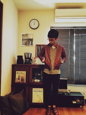 「ポケットＴシャツ」｜「アイテム（ライダースジャケット）」を使った、KEEXさん（メンズ・163cm）の秋コーディネート