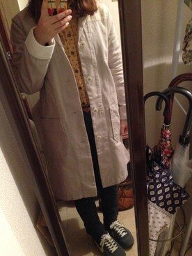 「POU DOU DOU（プードゥドゥ）のアイテム（ステンカラーコート）」を使った、かじさん（レディース・157cm）の冬コーディネート
