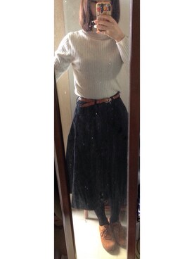 「bulle de savon（ビュルデサボン）のコ-デュロイ       パッチワ-クSK（スカート、ブラック系）」を使った、かじさん（レディース・157cm）の冬コーディネート