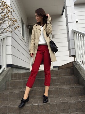 「アイテム（デニムパンツ、レッド系）」を使った、mao☆さん（レディース・163cm）の春コーディネート