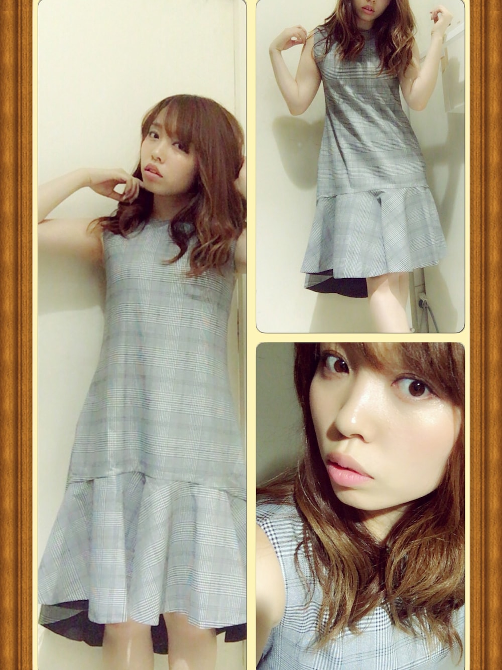 「チェック、秋服、グレー」｜「Emma Taylorのアイテム（ワンピース、グレー系）」を使った、愛原まなさん（レディース・163cm）の秋コーディネートの1枚目の写真