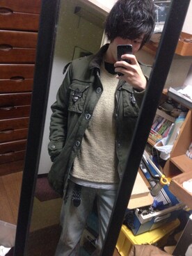 「bizzarroのbizzarroのエンジニアブーツ（その他シューズ、ベージュ系）」を使った、よこちゃんさん（メンズ・172cm）の冬コーディネート