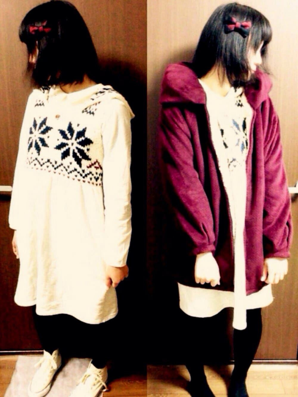 ベージュ系のスニーカー、レッド系のジャケット/アウター、ホワイト系のワンピースを着用したレディースの冬コーディネートの1枚目の写真