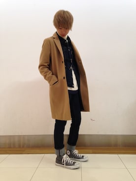 「オールスター」｜「アイテム（チェスターコート）」を使った、yyさん（メンズ・169cm）の冬コーディネート