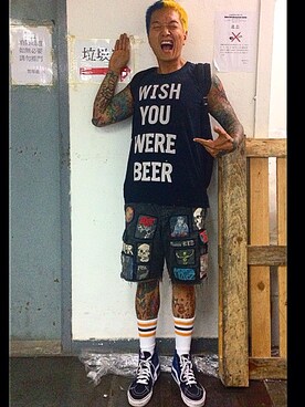 「UNIF（ユニフ）のアイテム（Tシャツ/カットソー）」を使った、KBさん（メンズ・180cm）の夏コーディネート