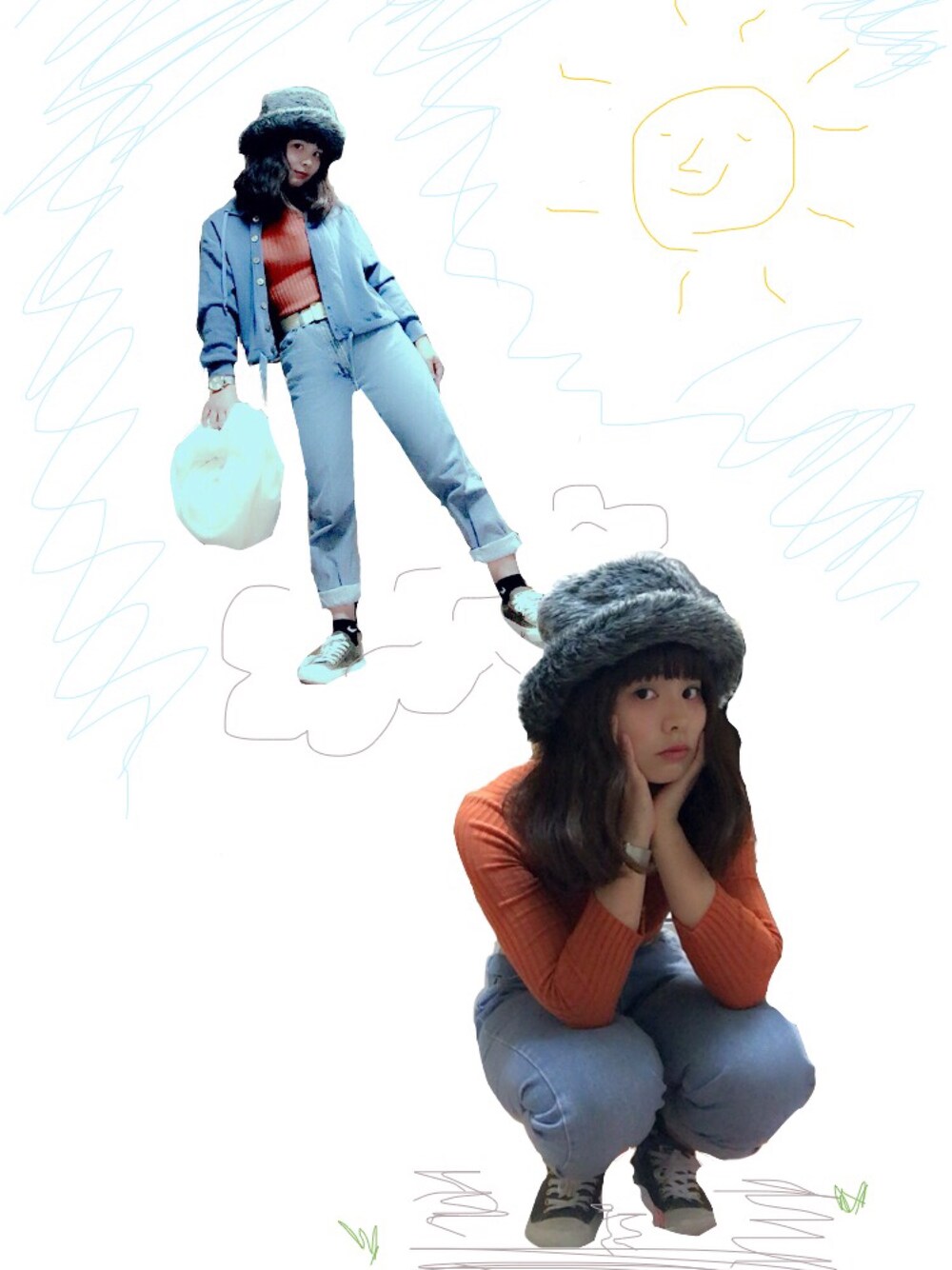 「ファー帽子、古着、秋のコーデ、スニーカー、カーキ、デニム、カジュアル、ハイネック、高橋愛」｜「usedのアイテム（ニット/セーター、オレンジ系）」を使った、中井 美里さん（レディース・160cm）の秋コーディネートの1枚目の写真