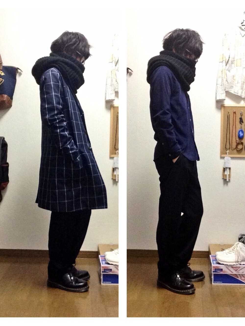 「低身長、草食系男子、部屋撮り、ウィンドウペン、チェスターコート、ネイビー、黒縁メガネ、ワイドパンツ、チェックコート、スラックス」｜「HAREのウィンドウペンチェスターコート（チェスターコート、ブルー系）」を使った、おっくんさん（メンズ・164cm）の秋コーディネートの1枚目の写真