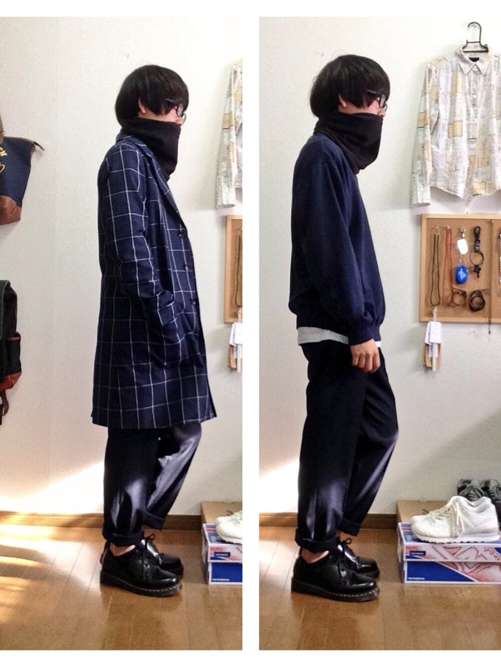 「低身長、草食系男子、部屋撮り、革靴、チェックコート、ワイドパンツ、ネイビー、無地スウェット、ウィンドウペン、スラックス」｜「HAREのウィンドウペンチェスターコート（チェスターコート、ブルー系）」を使った、おっくんさん（メンズ・164cm）の冬コーディネートの1枚目の写真