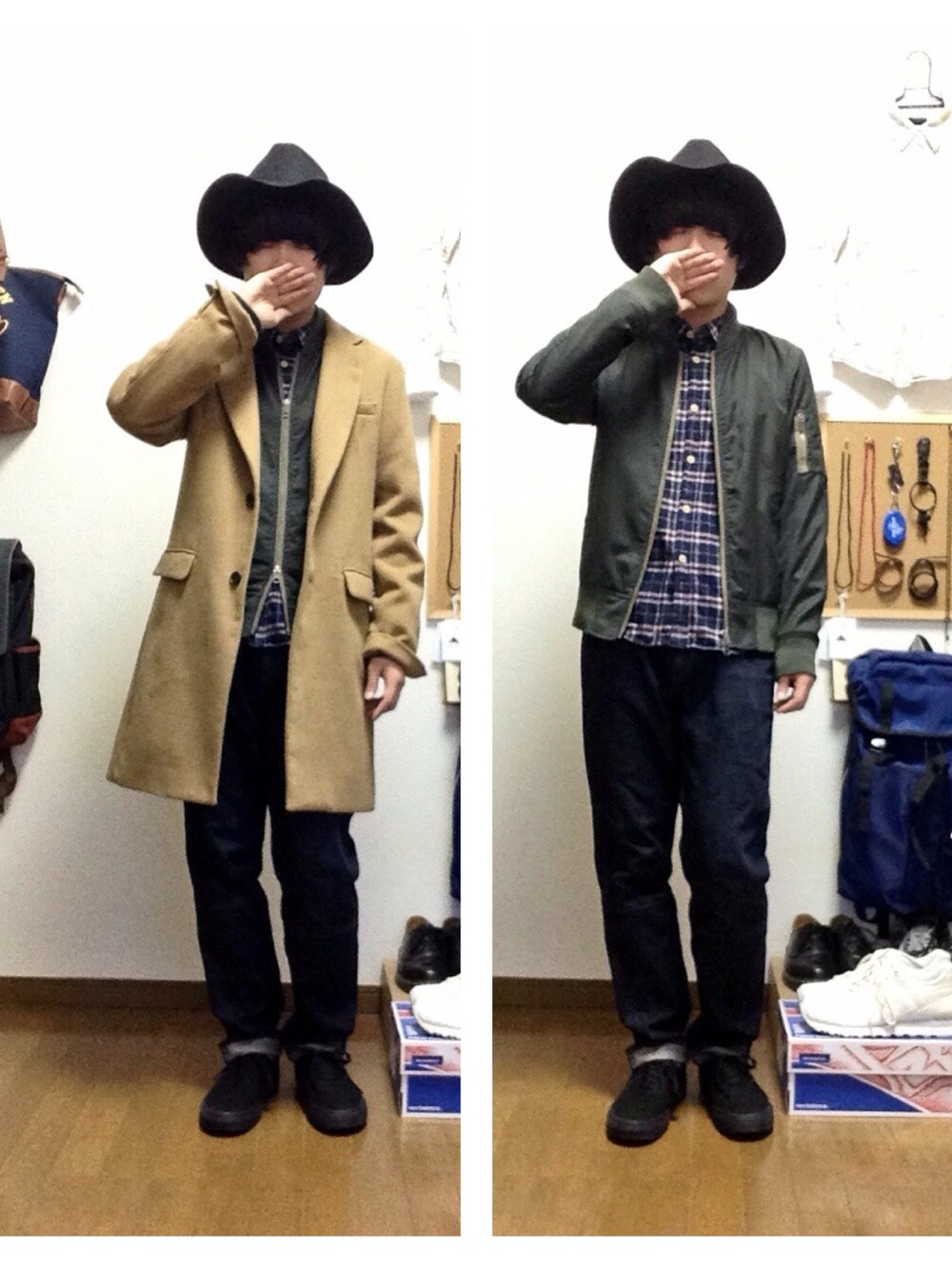 「低身長、草食系男子、部屋撮り、ネルシャツ、チェスターコート、MA-1、HARE、インディゴデニム、VANS、ハット」｜「HAREのMA-1（その他アウター、グリーン系）」を使った、おっくんさん（メンズ・164cm）の冬コーディネートの1枚目の写真