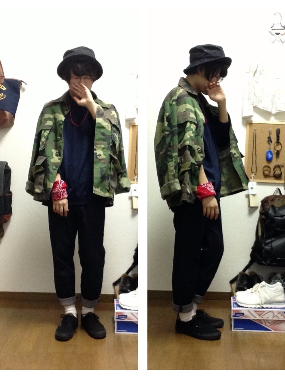 「バケットハット、丸メガネ、低身長、草食系男子、部屋撮り、スウェット、カモフラ、VANS、【CANDY＋】、バレンタインデートスタイル」｜「カモ柄ジャケット（ミリタリージャケット、グリーン系）」を使った、おっくんさん（メンズ・164cm）の冬コーディネートの1枚目の写真