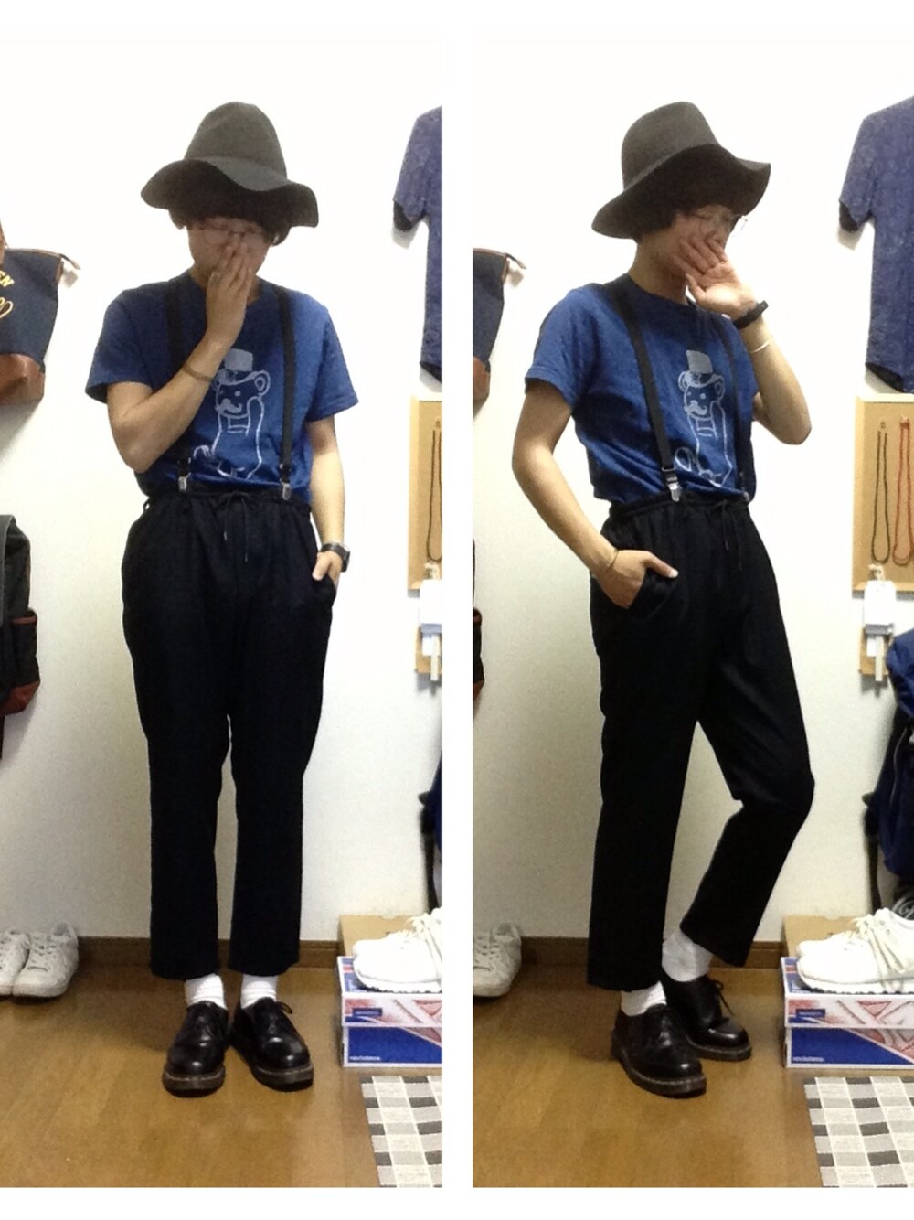 「動物モチーフ、お気に入りのTシャツ、帽子×メガネ、柄パンツ、丸メガネ、ブレスレット、【CANDY＋】、utah、ネイビー、タックイン」｜「Design Tshirts Store graniphのキャラT（Tシャツ/カットソー、ブルー系）」を使った、おっくんさん（メンズ・164cm）の夏コーディネートの1枚目の写真