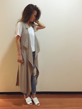 「UNRELISH（アンレリッシュ）のツーウェイロングベスト（ベスト、ベージュ系）」を使った、UNRELISH広島パルコ店さん（レディース・157cm）の春コーディネート