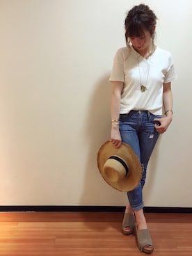 「UNRELISH（アンレリッシュ）のクラッシュパッチデニムパンツ（デニムパンツ、ブルー系）」を使った、UNRELISH広島パルコ店さん（レディース・157cm）の夏コーディネート