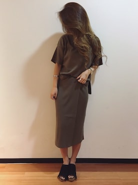 「UNRELISH（アンレリッシュ）のワイドネックカットtops（Tシャツ/カットソー、グリーン系）」を使った、UNRELISH広島パルコ店さん（レディース・157cm）の夏コーディネート