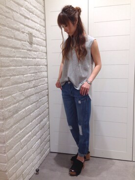 「UNRELISH（アンレリッシュ）のバックプリーツニットベスト（ニット/セーター、グレー系）」を使った、UNRELISH広島パルコ店さん（レディース・157cm）の夏コーディネート