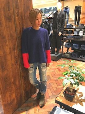 「DIESEL（ディーゼル）のアイテム（ニット/セーター、ブルー系）」を使った、minamiyukiさん（レディース・158cm）の冬コーディネート