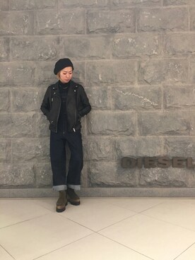 「DIESEL（ディーゼル）のアイテム（ライダースジャケット、ブラック系）」を使った、minamiyukiさん（レディース・158cm）の冬コーディネート