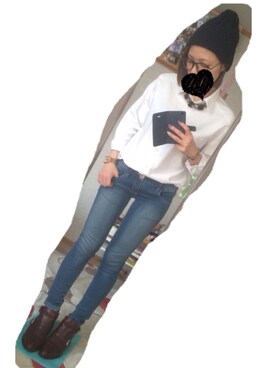 「アイテム（ブーティ、レッド系）」を使った、YUIさん（レディース・149cm）の冬コーディネート