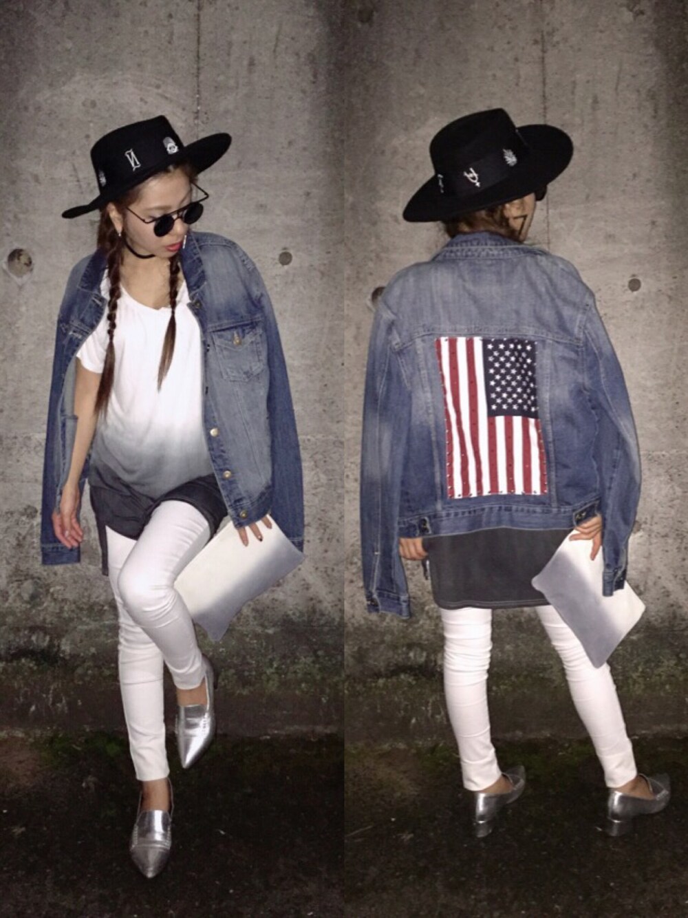 「Gジャン、デニムジャケット、UNIF、ツバ広ハット、グラデーション、ポインテッドトゥ、クラッチバッグ、アメリカ国旗、チョーカー」｜「UNIFのハット（ハット、ブラック系）」を使った、Reikaさん（レディース・152cm）の秋コーディネートの1枚目の写真