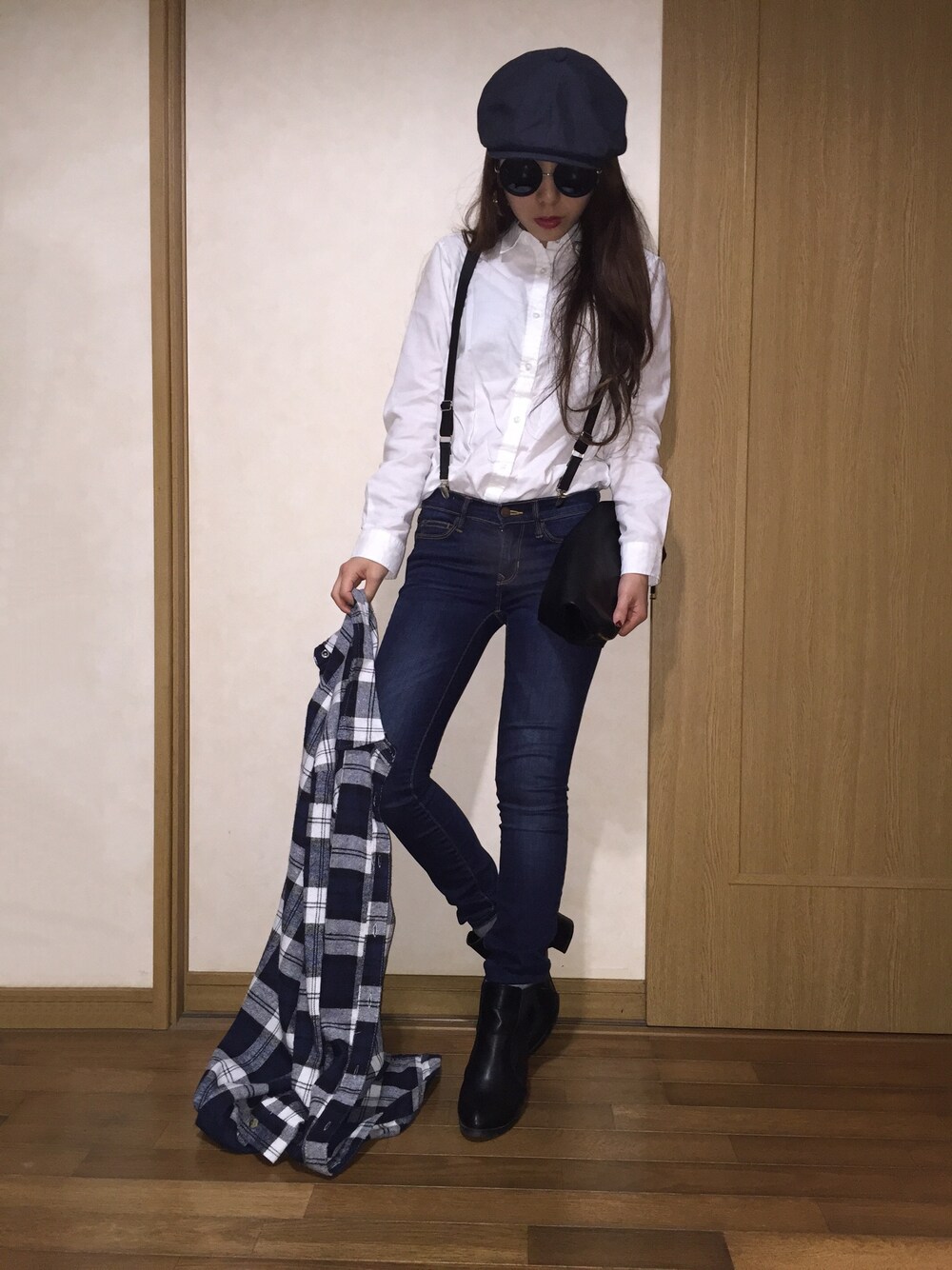 「ハンチング、シャツスタイル、ロングシャツ、サスペンダー、サスペンダーパンツ、CA4LA、GAP、GU、シャツオンシャツ」｜「CA4LAのアイテム（ハンチング/ベレー帽、その他）」を使った、Reikaさん（レディース・152cm）の秋コーディネートの1枚目の写真