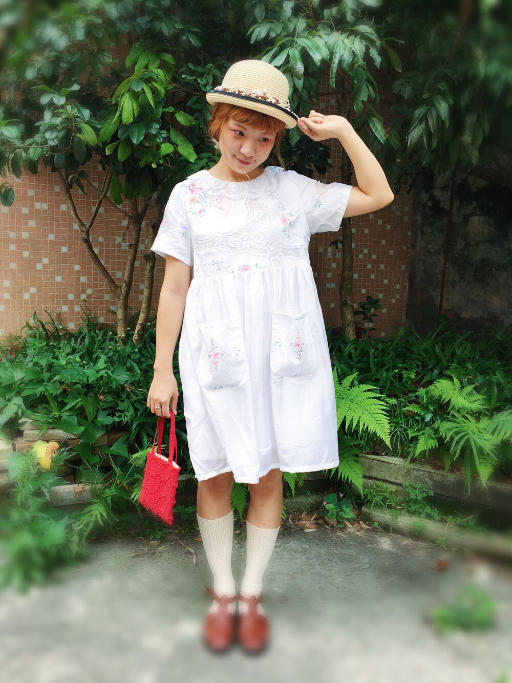 「vintage style」｜「manihandmadeのアイテム（ワンピース、ホワイト系）」を使った、manimaniさん（レディース・158cm）の夏コーディネートの1枚目の写真