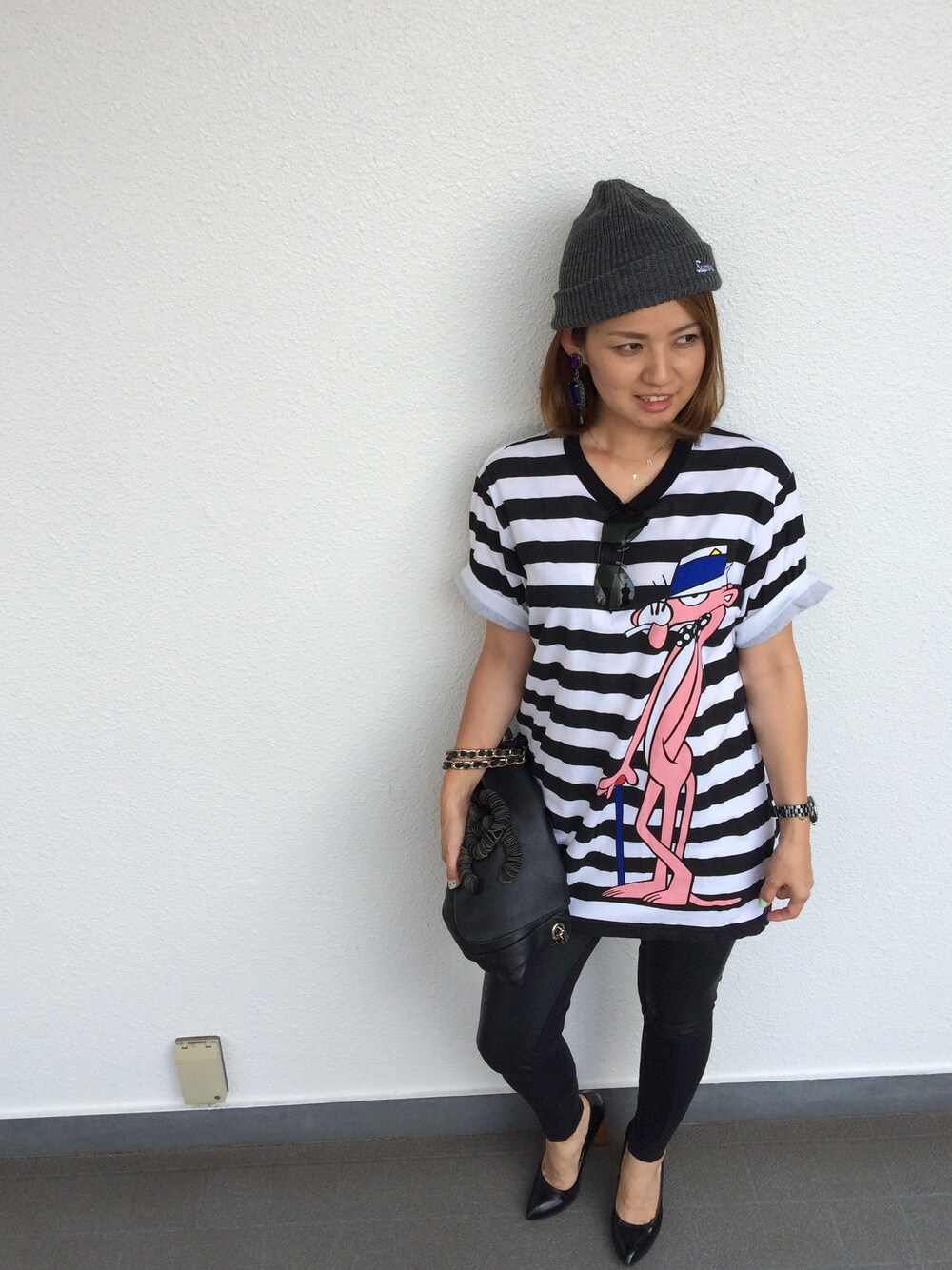 「#supreme、＃ボーダー、#Tシャツ、#WEARBOOKエントリー」｜「Supreme のニット帽（ニットキャップ/ビーニー、グレー系）」を使った、mari andoさん（レディース・158cm）の夏コーディネートの1枚目の写真