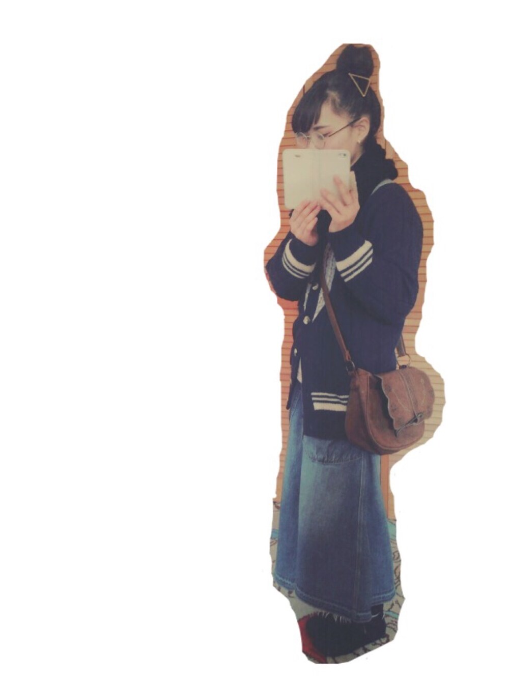 「glasses、denim、hair、Hair arrange、knit、knitwear、triangle hairpin」｜「雑貨屋さんのアイテム（メガネ、その他）」を使った、m a n a ❥❥さん（レディース・153cm）の冬コーディネートの1枚目の写真