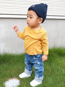 「ナチュラルスタイル」｜「アイテム（ニットキャップ/ビーニー）」を使った、FUJIfamさん（キッズ・70cm）の秋コーディネート