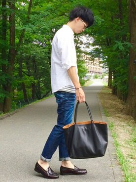 「NANO universe（ナノユニバース）のアイテム（モカシン/デッキシューズ）」を使った、しゅんたろーさん（メンズ・177cm）の夏コーディネート
