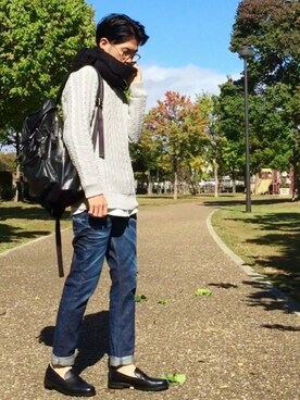 「NANO universe（ナノユニバース）のアイテム（ローファー）」を使った、しゅんたろーさん（メンズ・177cm）の秋コーディネート