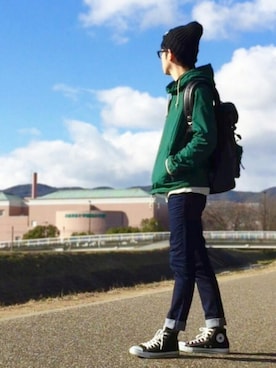 「GU（ジーユー）の（GU）スキニーフィットジーンズ（MEN ⁄ ジーンズ）」を使った、しゅんたろーさん（メンズ・177cm）の冬コーディネート