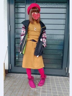 「赤タイツ」｜「アイテム（ジャケット/アウター）」を使った、怜*美。さん（レディース・154cm）の冬コーディネート